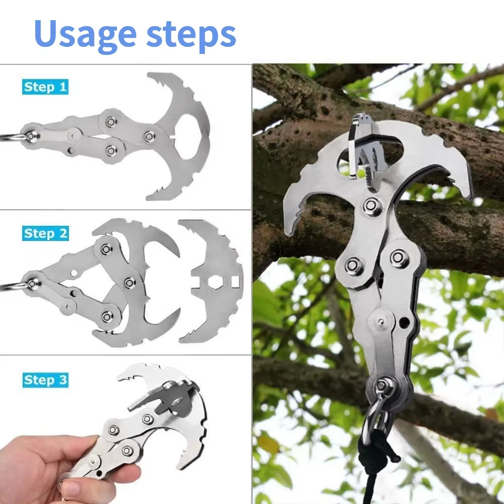 Folding Grappling Hook Multifunctional Stainless Steel Survival Outdoor Climbing Claw Carabiner Camping Gear Multitool Edc Gear